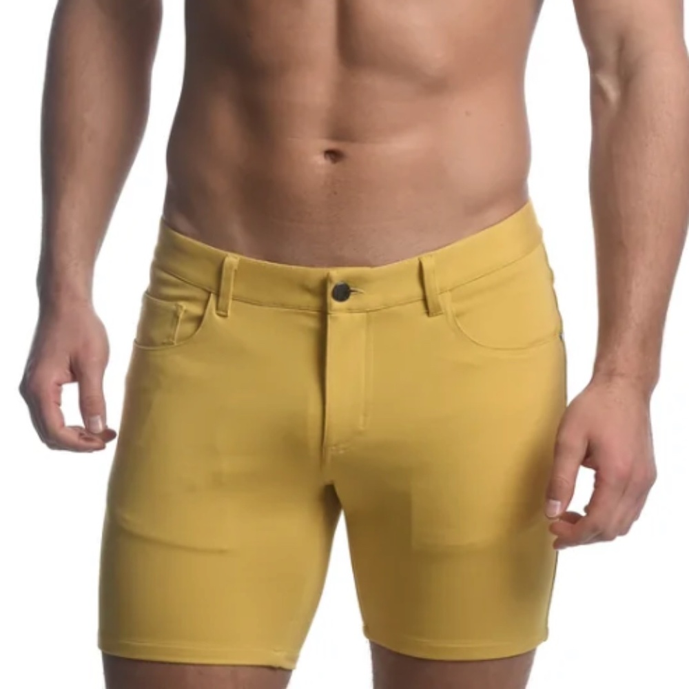 ST33LE CARAMEL YELLOW 5" INSEAM SOLID STRETCH KNIT JEANS SHORTS